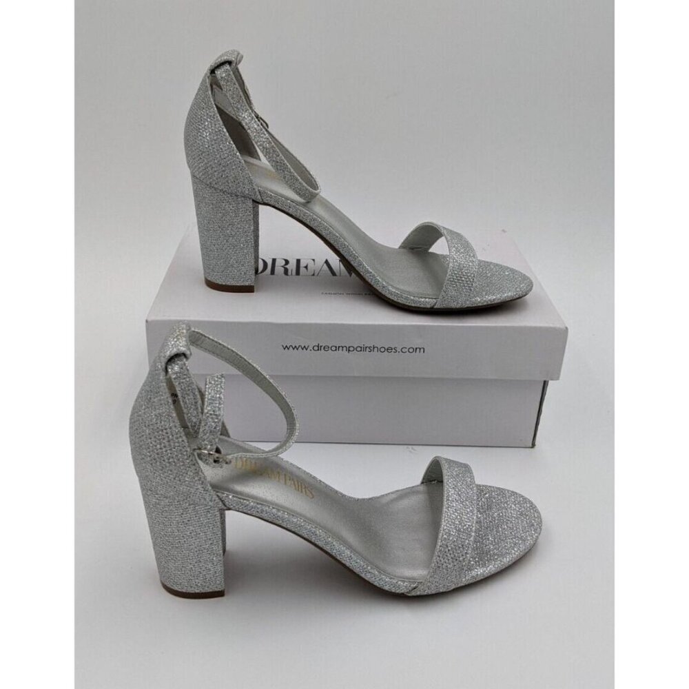 Dream Pairs Women's Heels Size 6 Chunk Silver Glitter Ankle Strap NEW